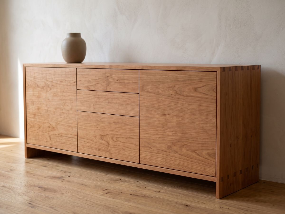 Sideboard aus Kirschholz mit sichtbaren Zinken vor einer hellen Wand