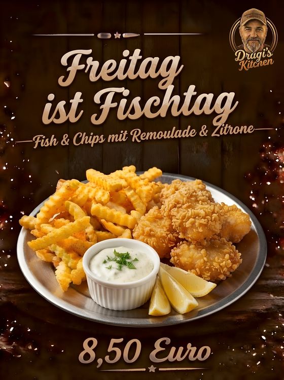 Plakat: Freitag ist Fischtag, Fish and Chips für 8,50 Euro